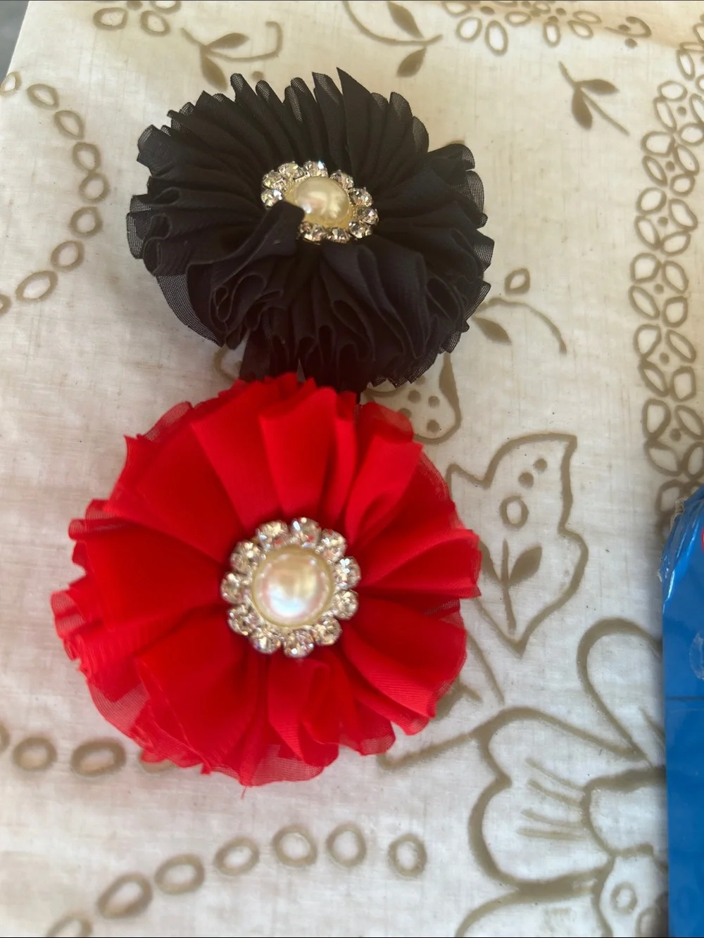 Ruffled Flower Hair Clips in Black and Red with Pearl Rhinestone Centers